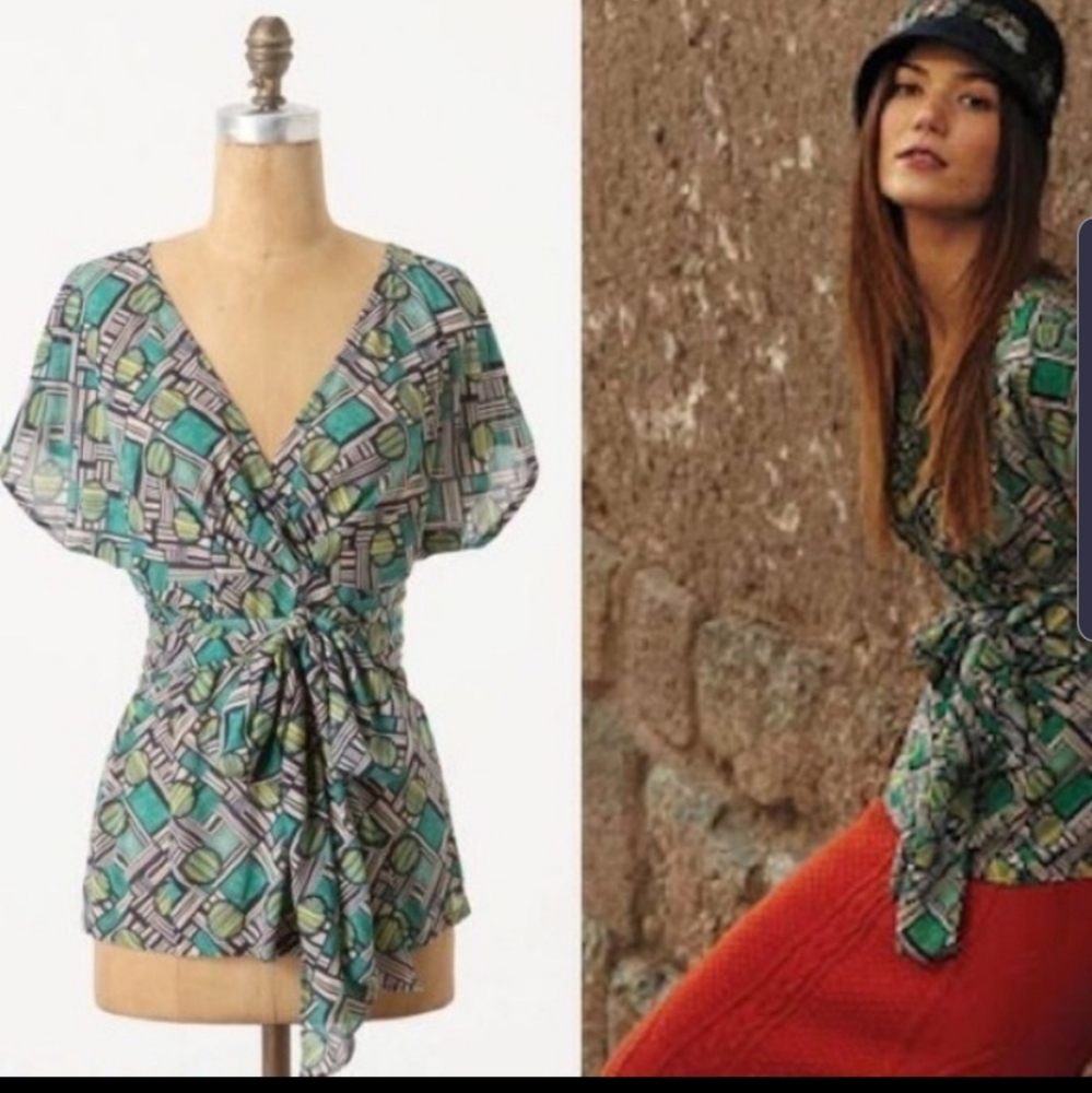 Odille Anthropologie Green Boho Geometric Waist Tie Bow Top Blouse